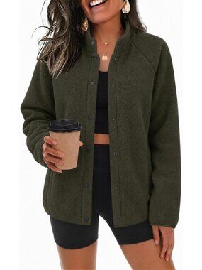Women's Green Fall Clothe Button Winter Lightweight Fleece Jackets with Pockets